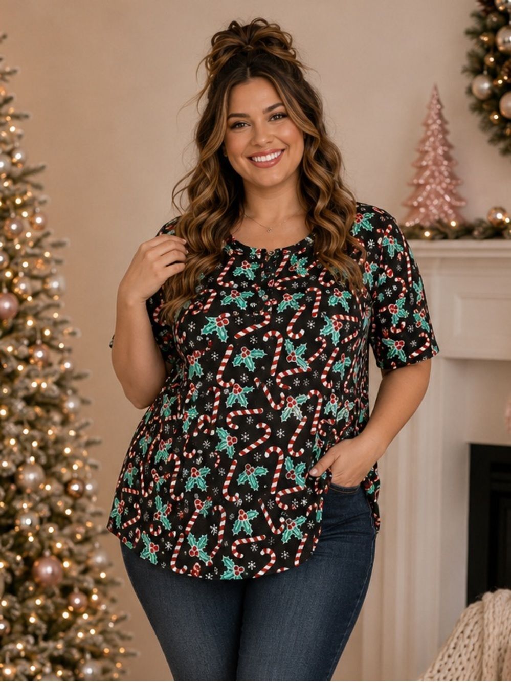 Modcloth Winning Them Over Short Sleeve Holiday Top Black Candy Cane 1X NWT
